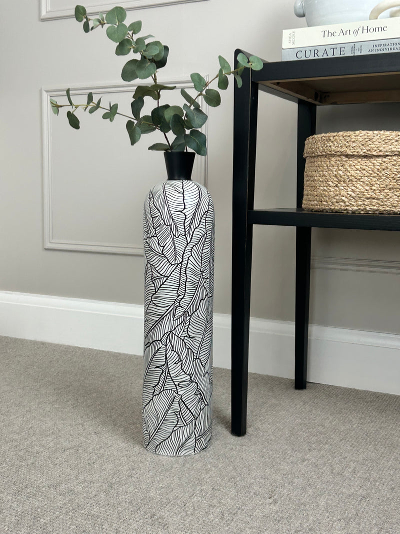 Black white leaf detail embossed tall vase 60cm