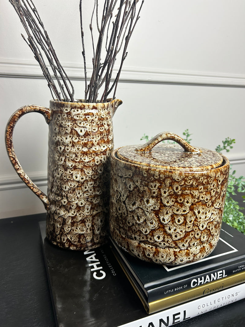 Chunky mottled brown ceramic lidded jar