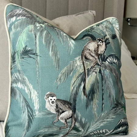 Mona Animal monkey & Stripe Green Reversible Cushion luxury piped soft mint green 45cm