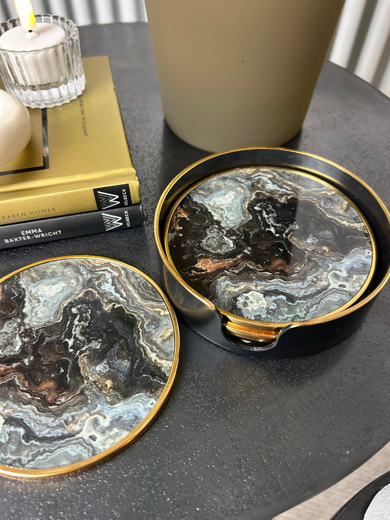 Black gold marble set of 4 coasters in holder