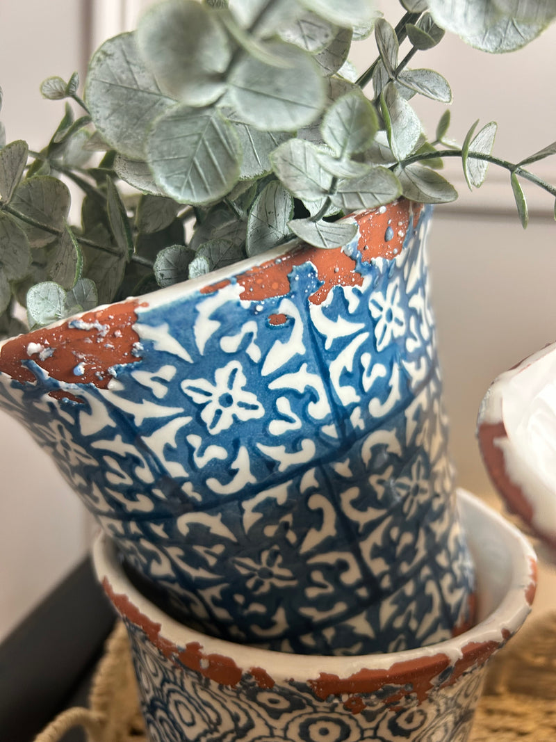 Blue Glazed Terracotta rustic Plant Pots, 6 designs 3 colours