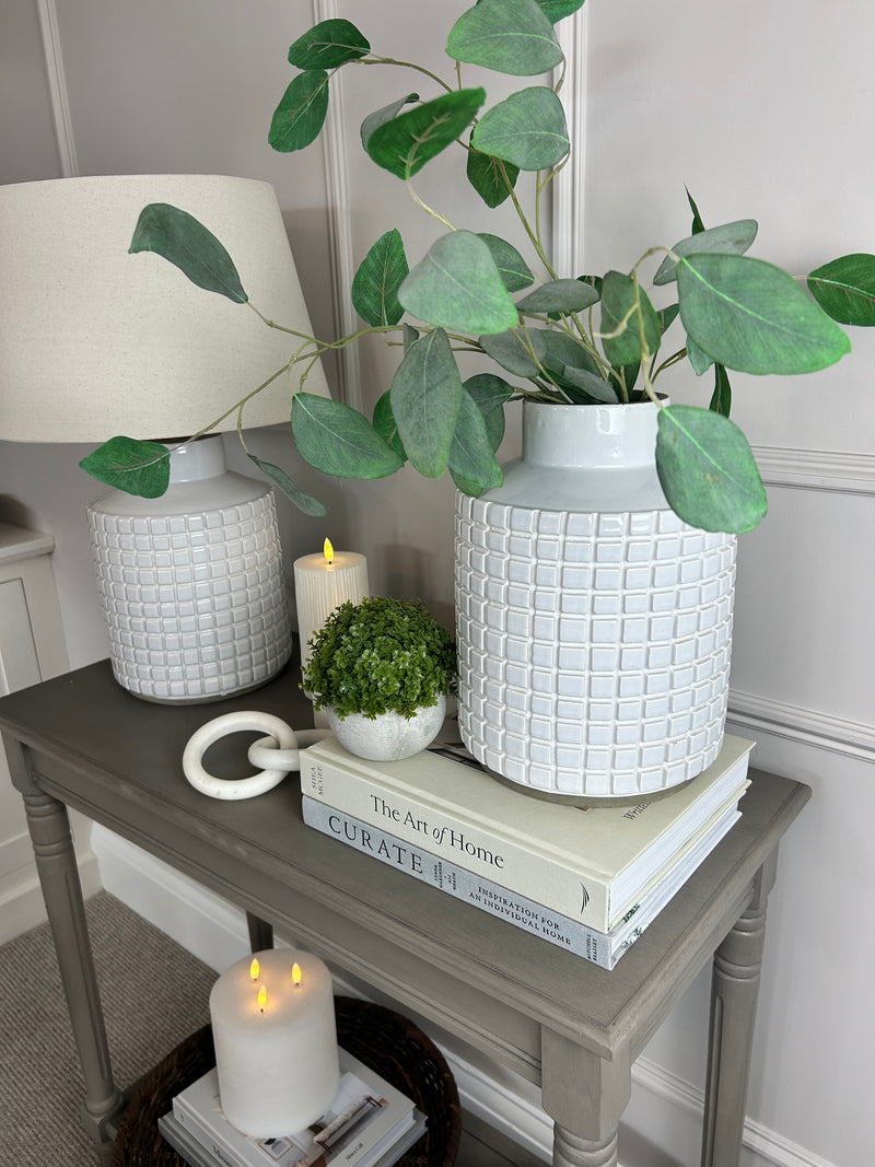 Stone grid print chunky white vase