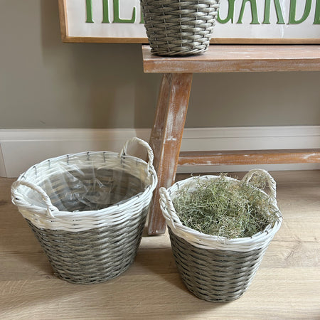 Set of three two tone wicker garden planters