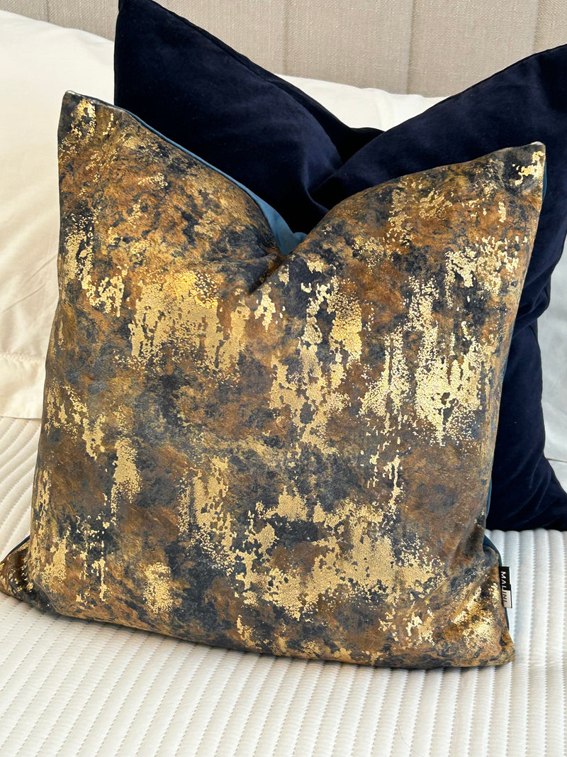 Brazen Blue gold bronze metallic textured luxury feather filled cushion