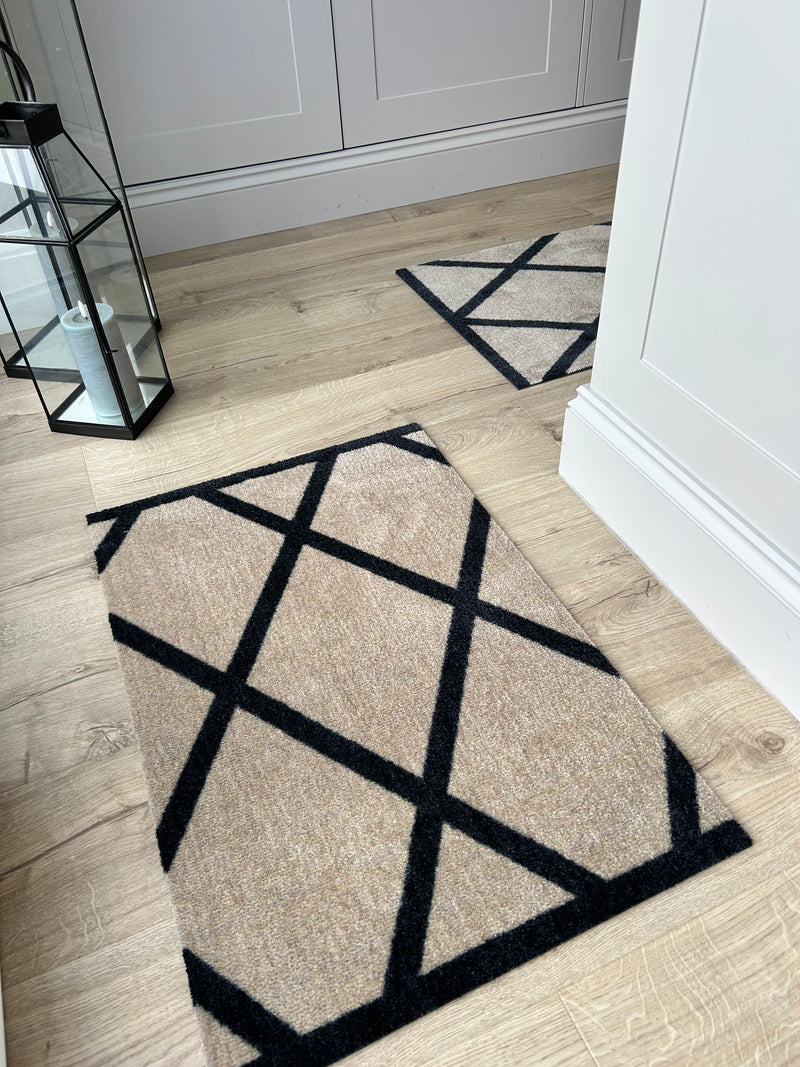 Abstract Natural Black Geometric Washable Door Mat & Runner rug