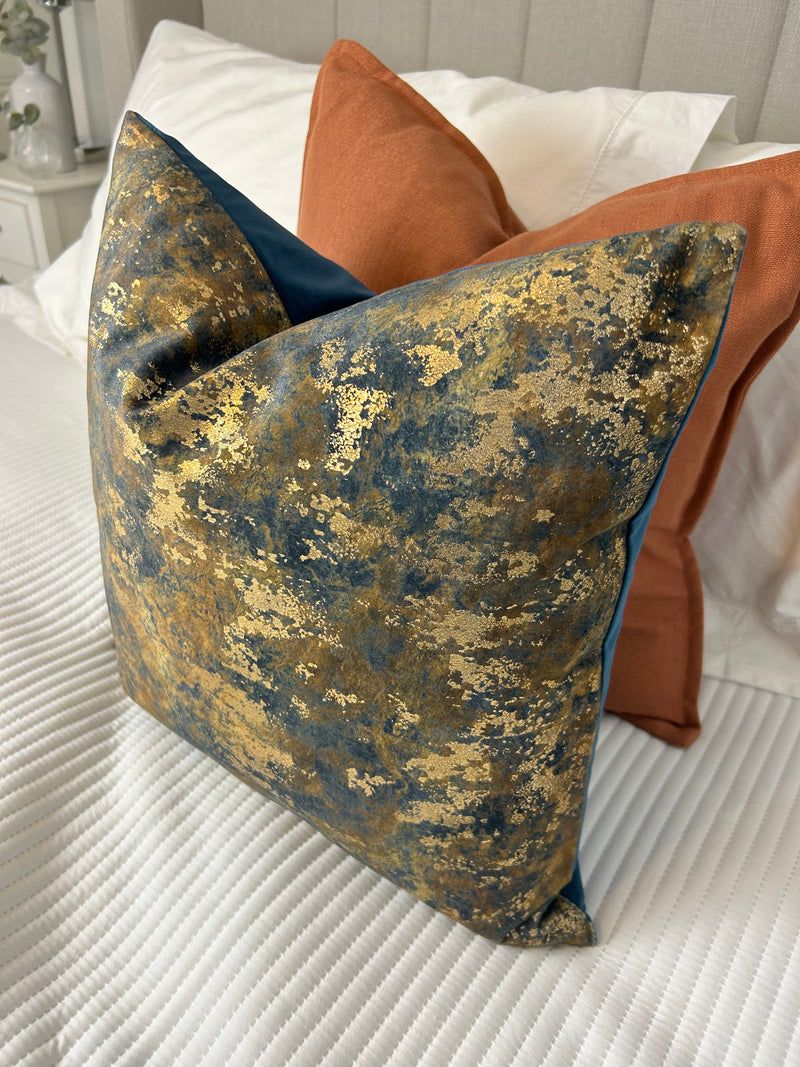 Brazen Blue gold bronze metallic textured luxury feather filled cushion