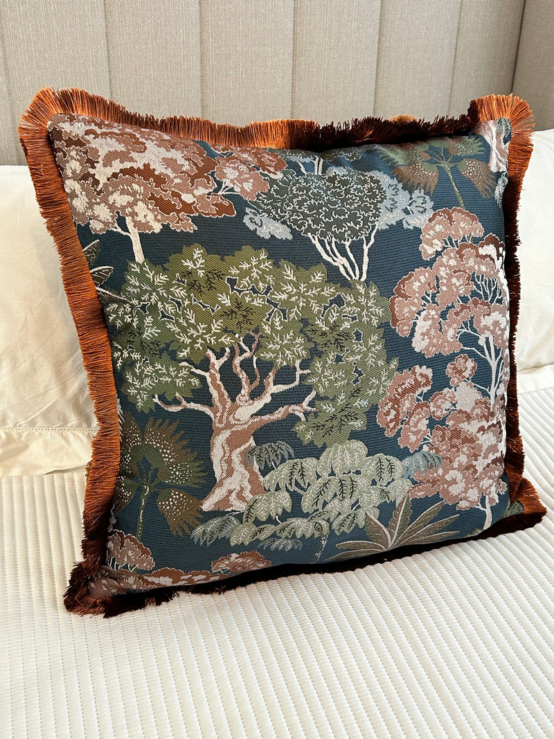 Woodlands Jacquard Print & Velvet Fringed Large Cushion 55x55cm