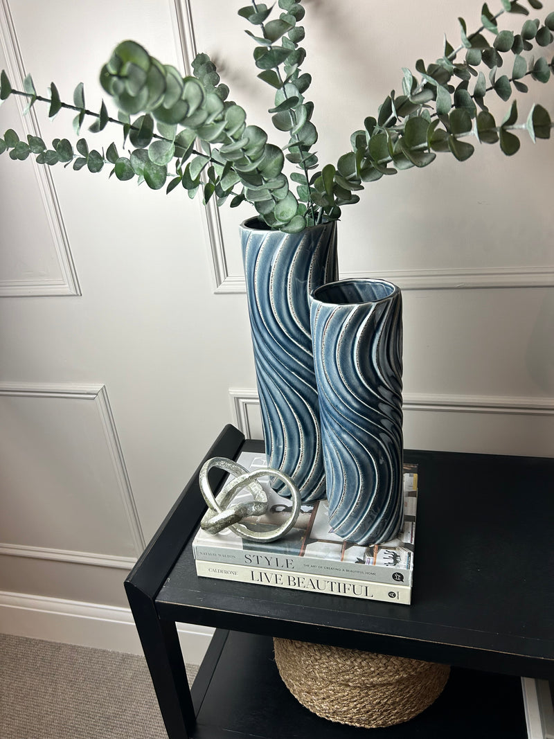 Blue Tall Wavy wave Texture Straight Sided Vase 2 Sizes