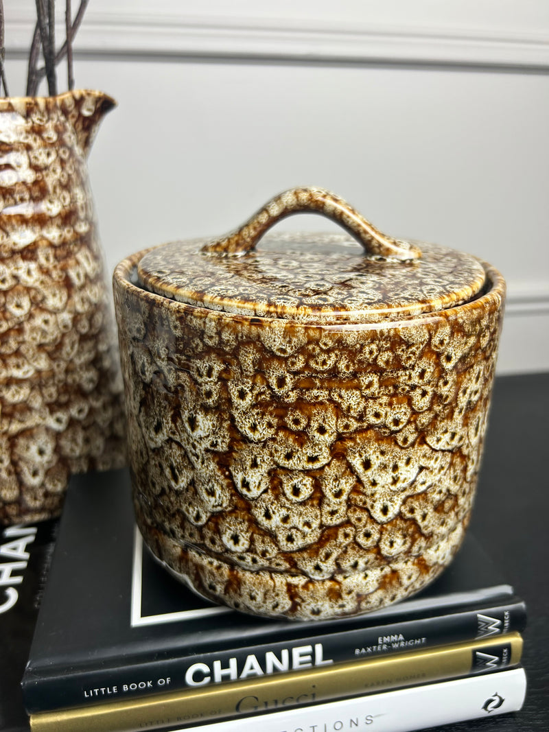 Chunky mottled brown ceramic lidded jar