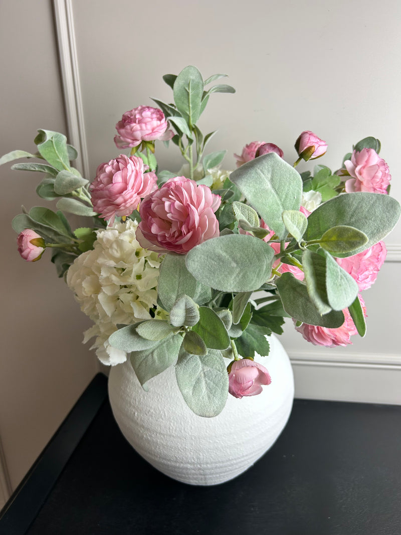 Bouquet arrangement 2 lambs ear hydrangeas and pink ranunculus stems