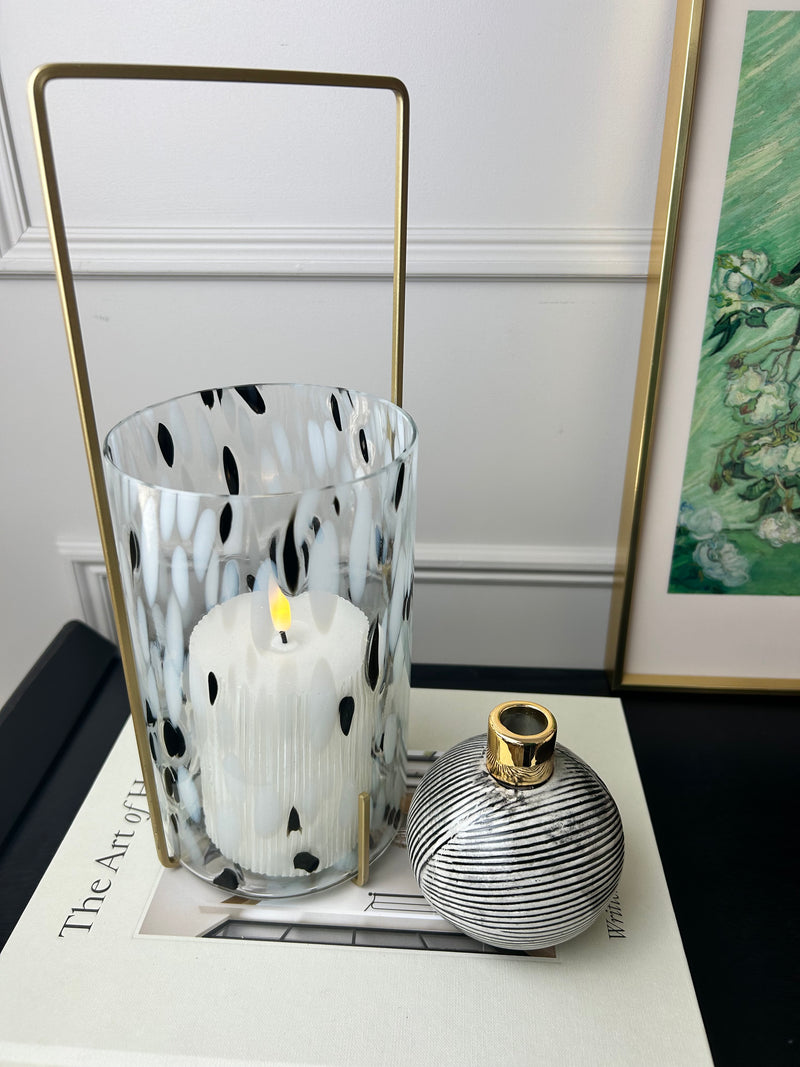 Black white gold fleck candle holder glass metal