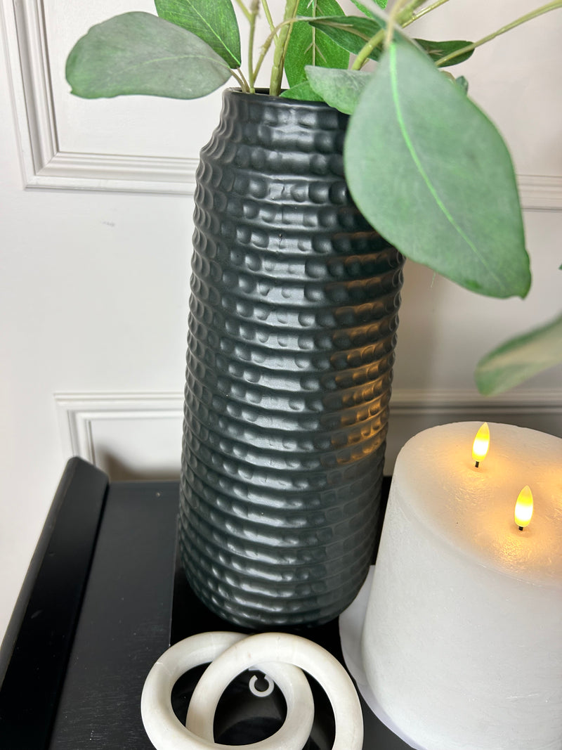 Matt black textured tall hammered vase 35cm