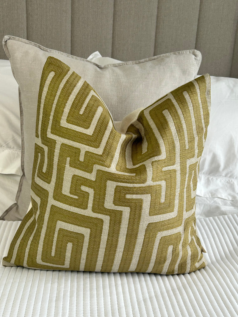 Green geo linen modern cushion 45cm