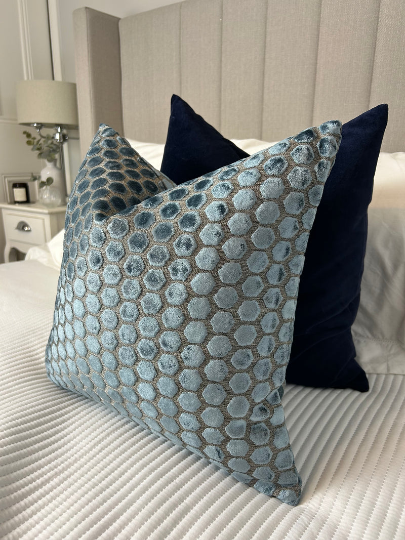 Mid blue Jorvik hex luxury cushion