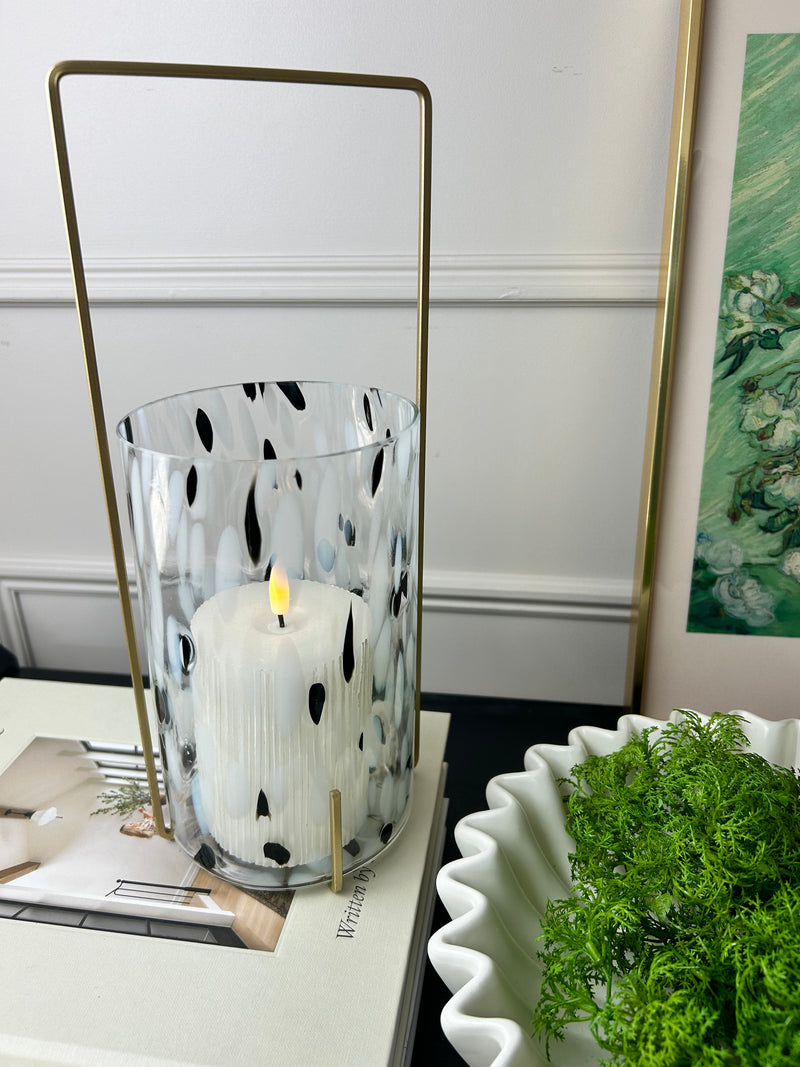 Black white gold fleck candle holder glass metal