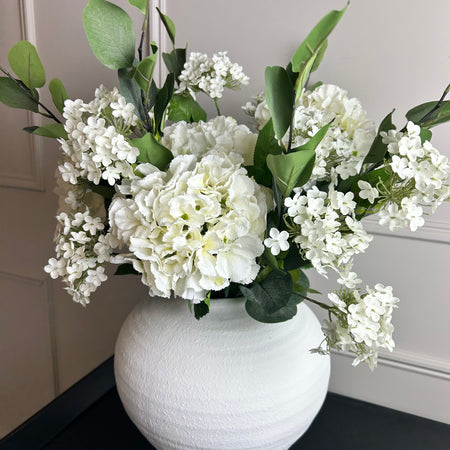 Bouquet arrangement 1 eucalyptus hydrangea Charlotte blossom ball 2 styles white and pink