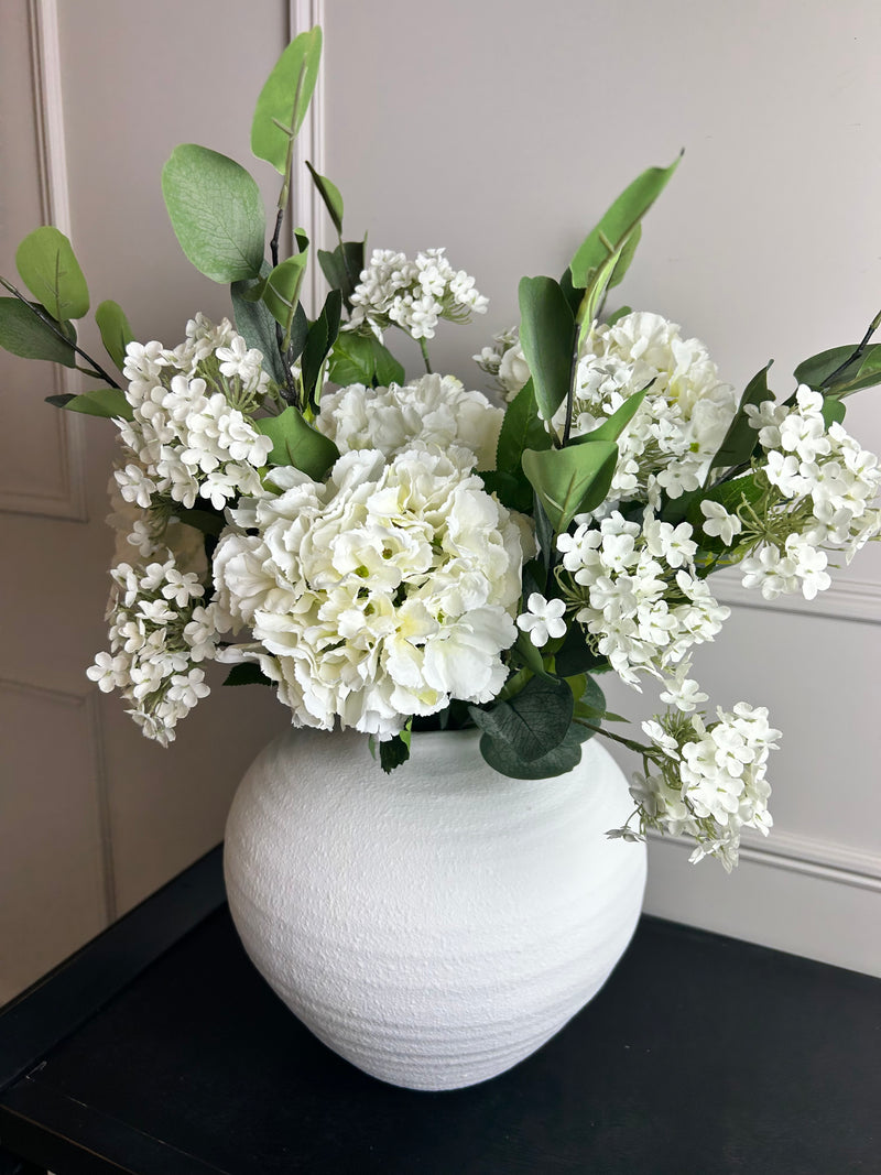 Bouquet arrangement 1 eucalyptus hydrangea Charlotte blossom ball 2 styles white and pink