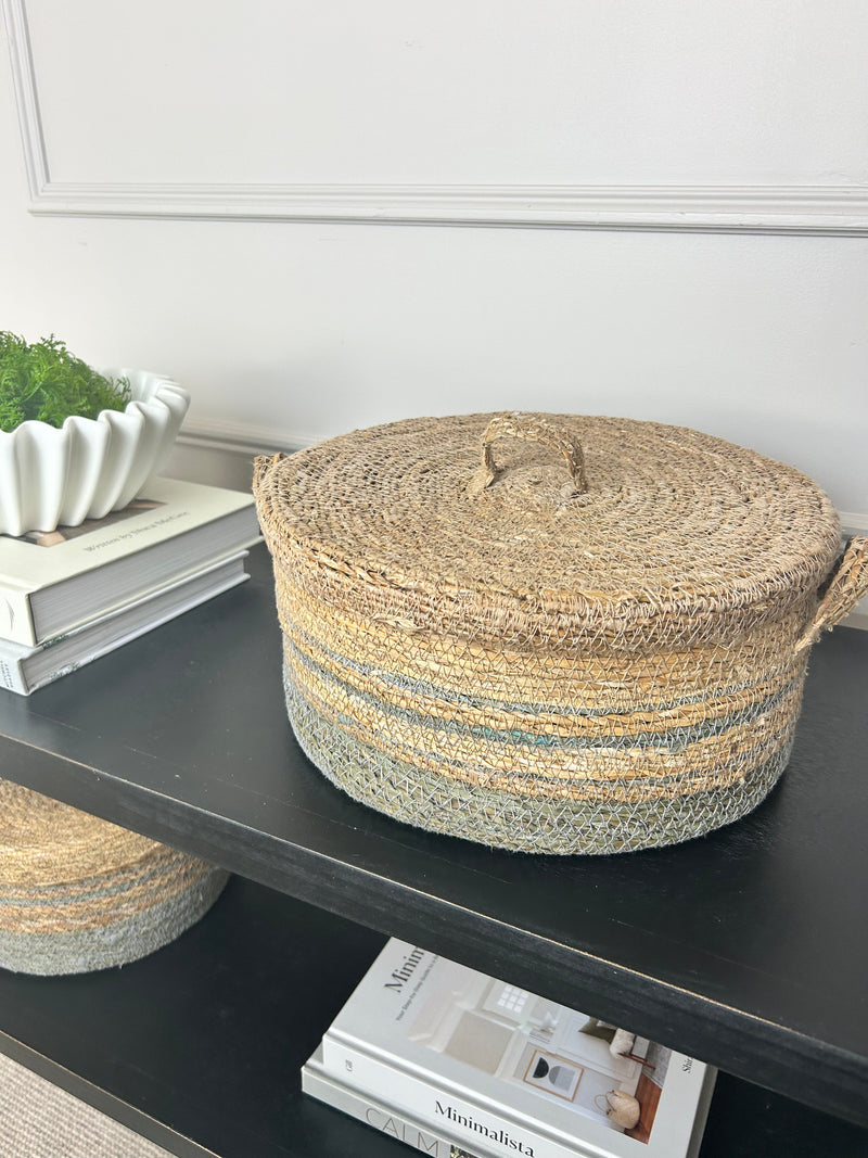 Natural woven stripe lidded baskets 3 sizes chambray