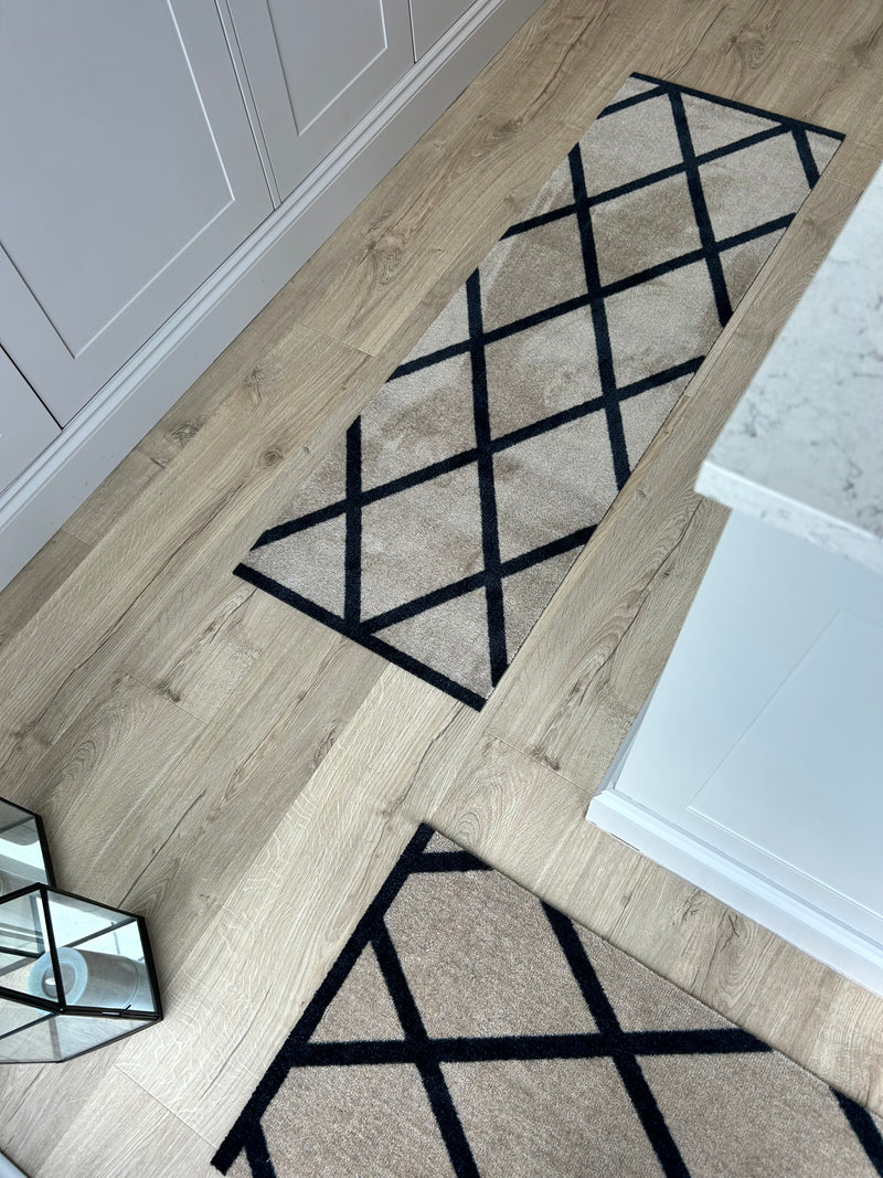 Abstract Natural Black Geometric Washable Door Mat & Runner rug