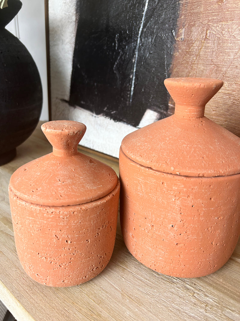 Terracotta textured lidded jar pot 2 sizes