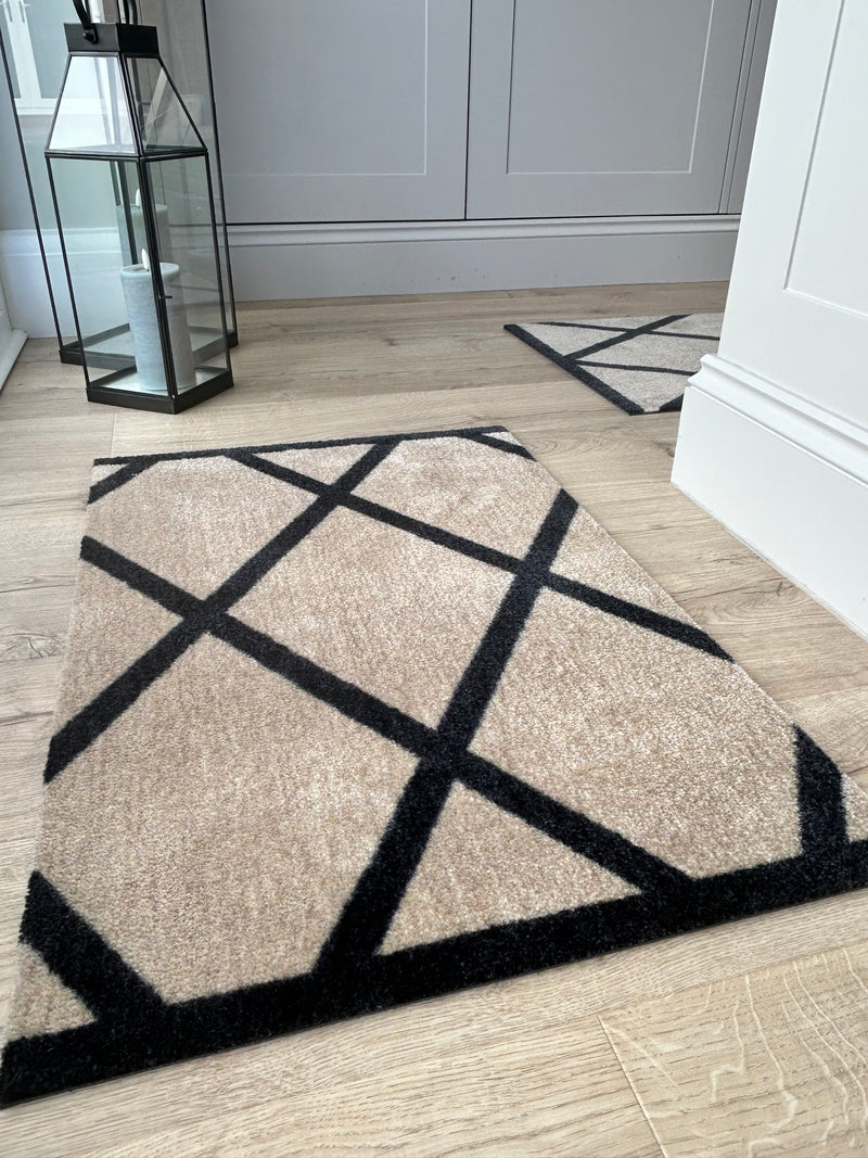 Abstract Natural Black Geometric Washable Door Mat & Runner rug