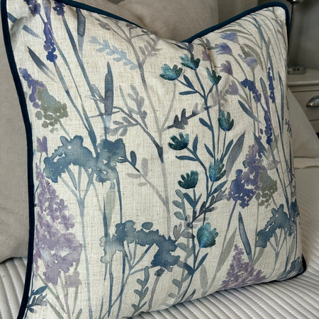 Blue Purple Linen & Velvet  Meadow Print Cushion luxury floral 45cm