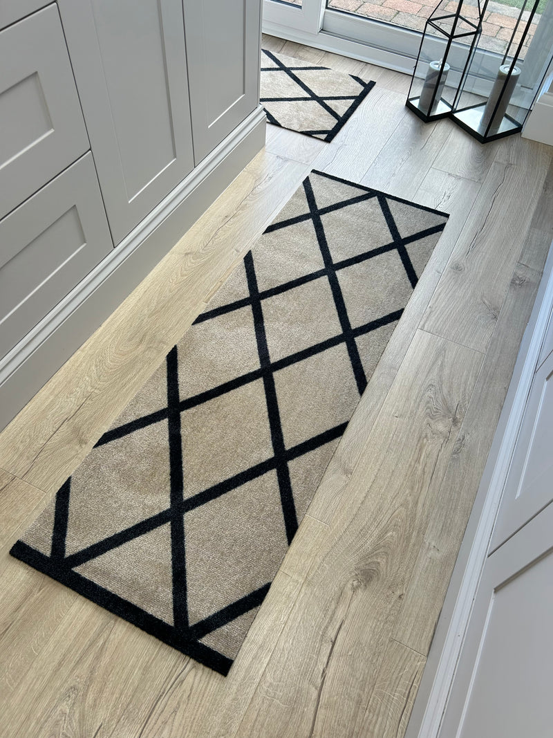 Abstract Natural Black Geometric Washable Door Mat & Runner rug