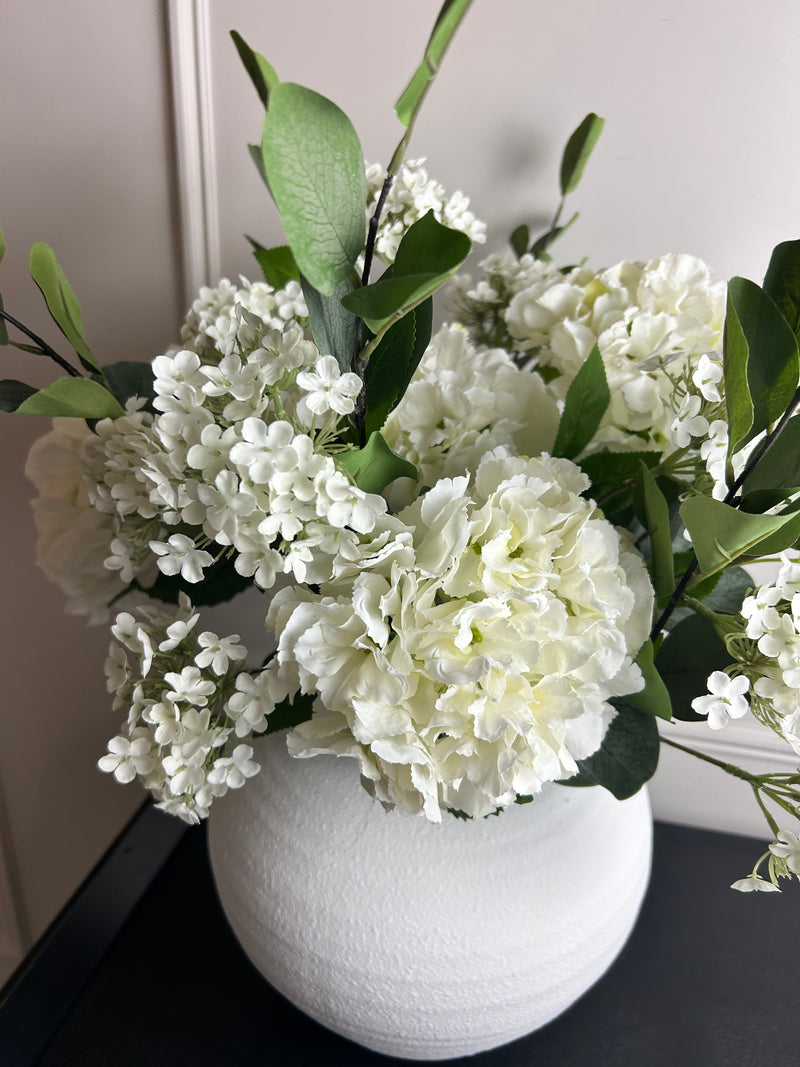 Bouquet arrangement 1 eucalyptus hydrangea Charlotte blossom ball 2 styles white and pink