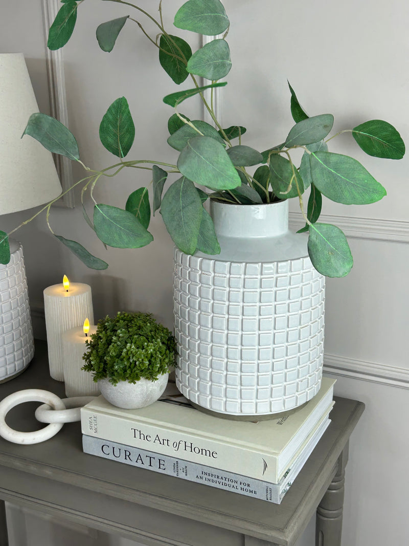 Stone grid print chunky white vase