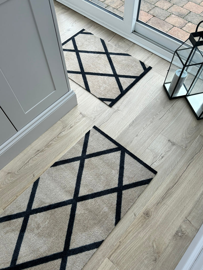 Abstract Natural Black Geometric Washable Door Mat & Runner rug