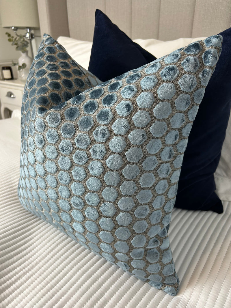 Mid blue Jorvik hex luxury cushion