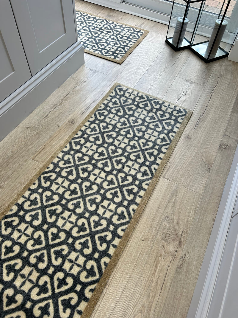 Harlequin Grey Taupe Tile Patterned Washable Door Mat & Runner rug