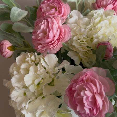 Bouquet arrangement 2 lambs ear hydrangeas and pink ranunculus stems