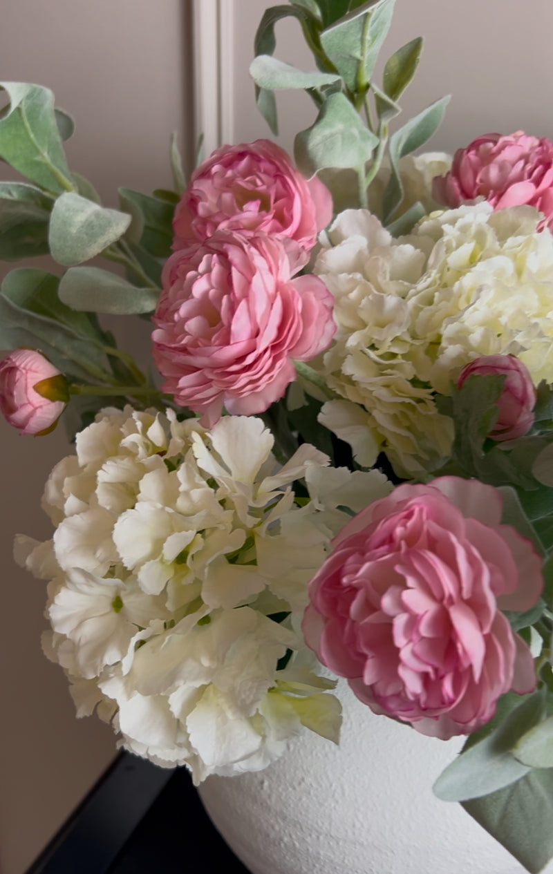 Bouquet arrangement 2 lambs ear hydrangeas and pink ranunculus stems