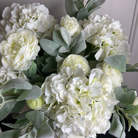 Bouquet arrangement 3 lambs ear white hydrangeas white ranunculus