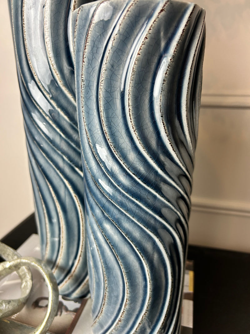 Blue Tall Wavy wave Texture Straight Sided Vase 2 Sizes