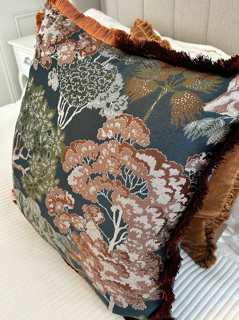 Woodlands Jacquard Print & Velvet Fringed Large Cushion 55x55cm