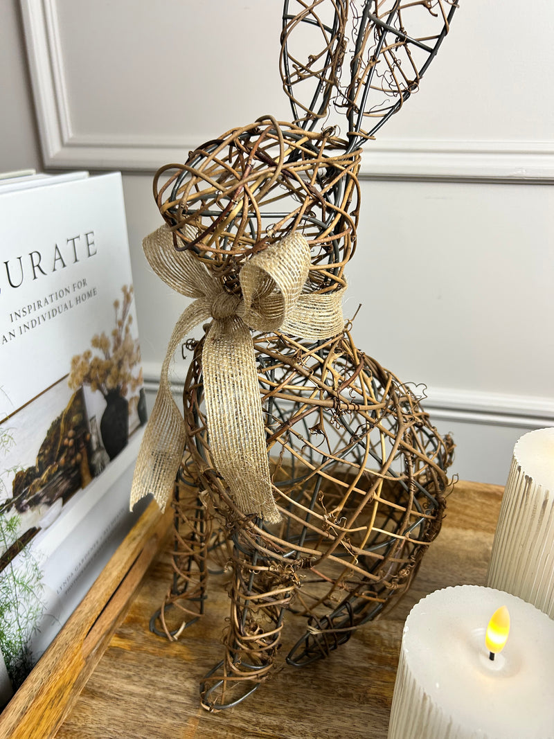 Woven rattan wicker rabbit bunny with woven bow 40cm Easter