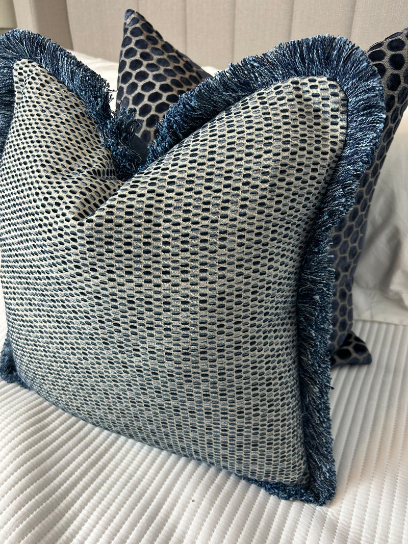 Blue Jacquard dot print frill Weave Fringed tassel Cushion Feather Filled luxury 45cm