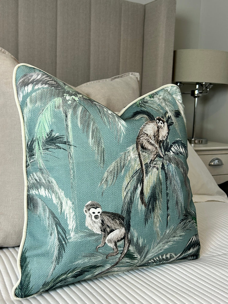 Mona Animal monkey & Stripe Green Reversible Cushion luxury piped soft mint green 45cm