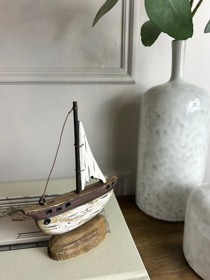 Rustic wooden sailing boat ornament