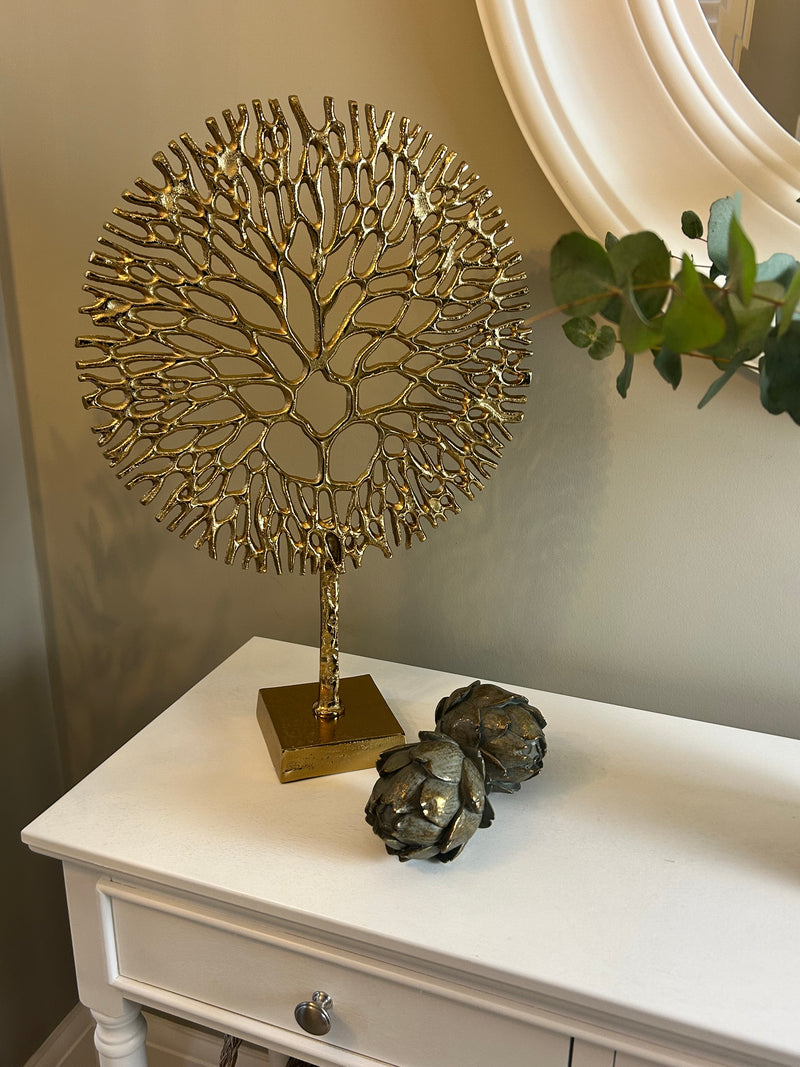 Gold metal coral tree on stand