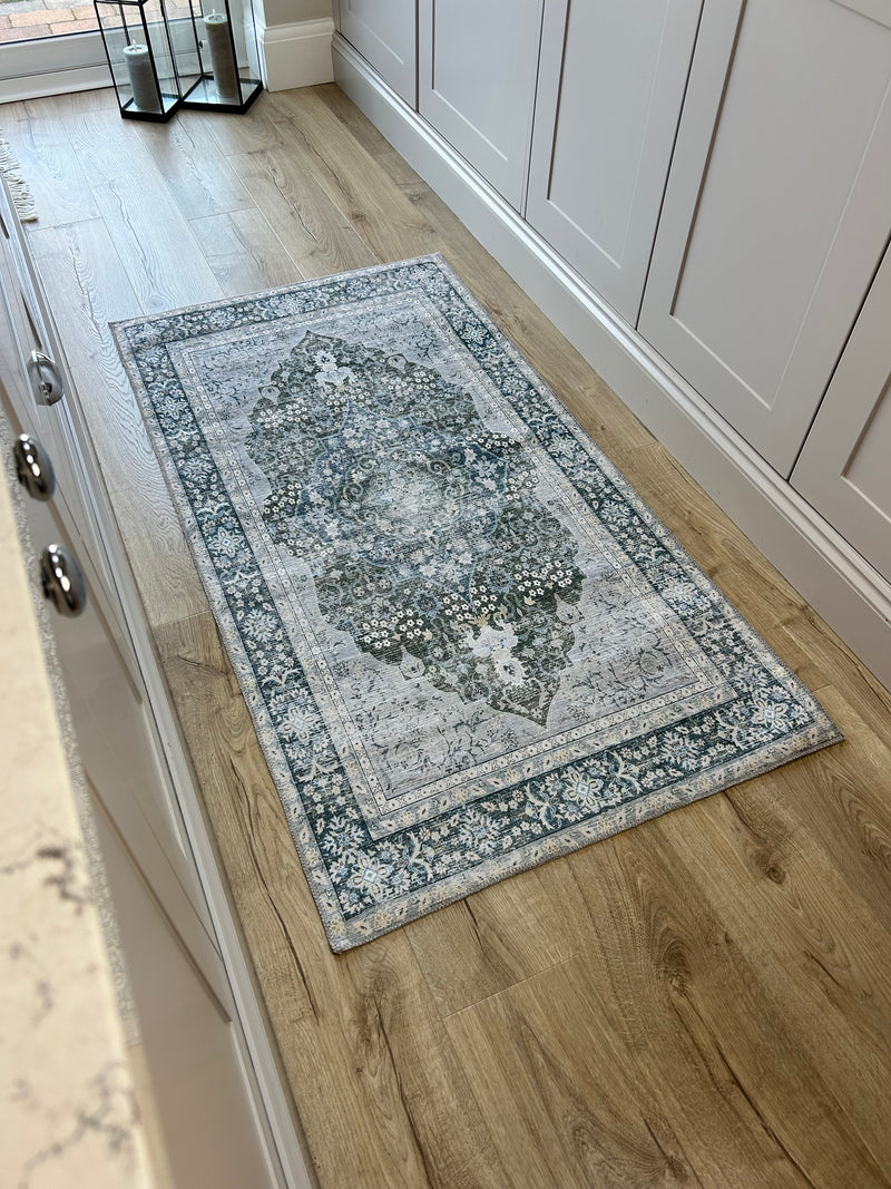 Oakham Traditional blue green Grey Washable Runner mat rug Available in 3 Sizes