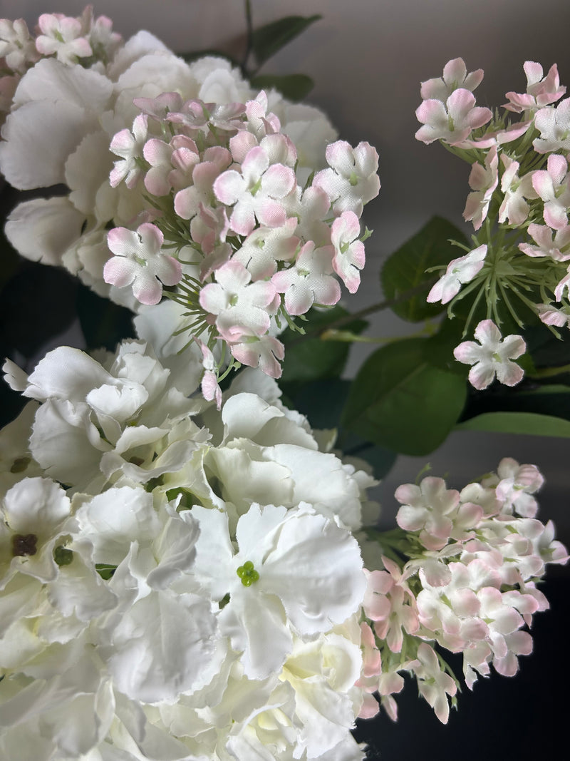 Bouquet arrangement 1 eucalyptus hydrangea Charlotte blossom ball 2 styles white and pink