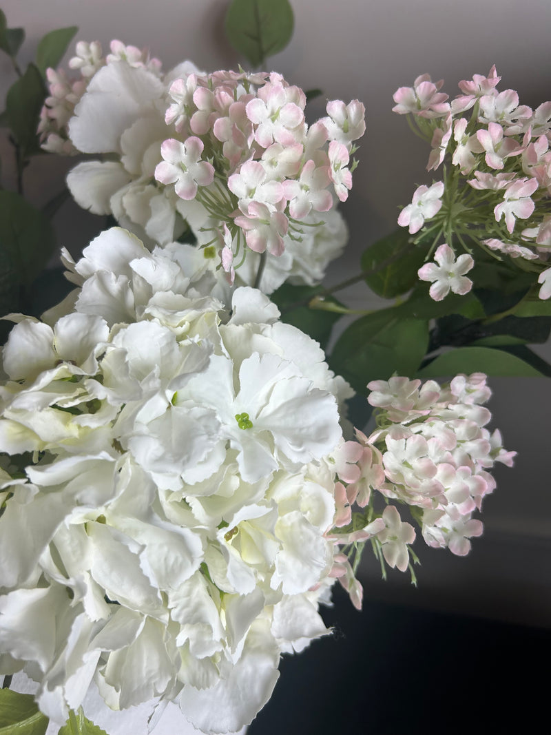 Bouquet arrangement 1 eucalyptus hydrangea Charlotte blossom ball 2 styles white and pink