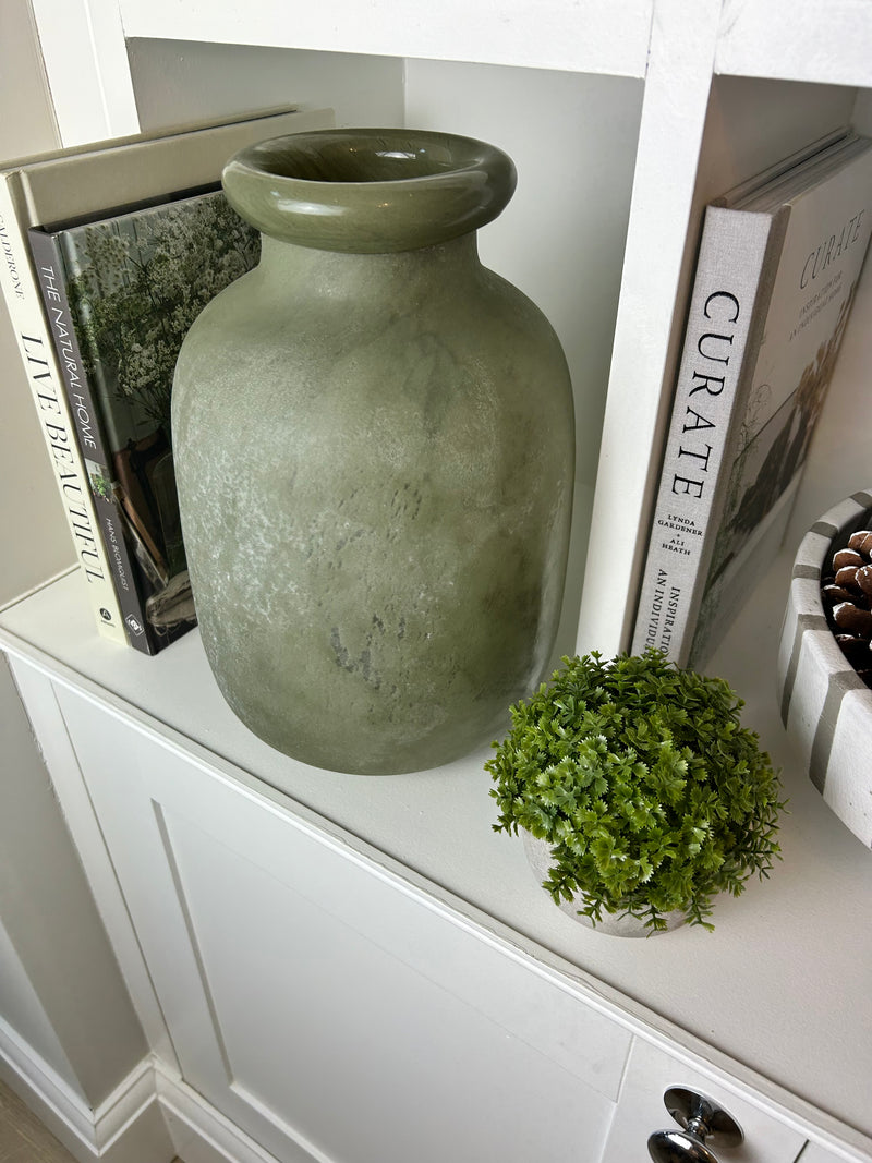 Chunky frosted olive green vase