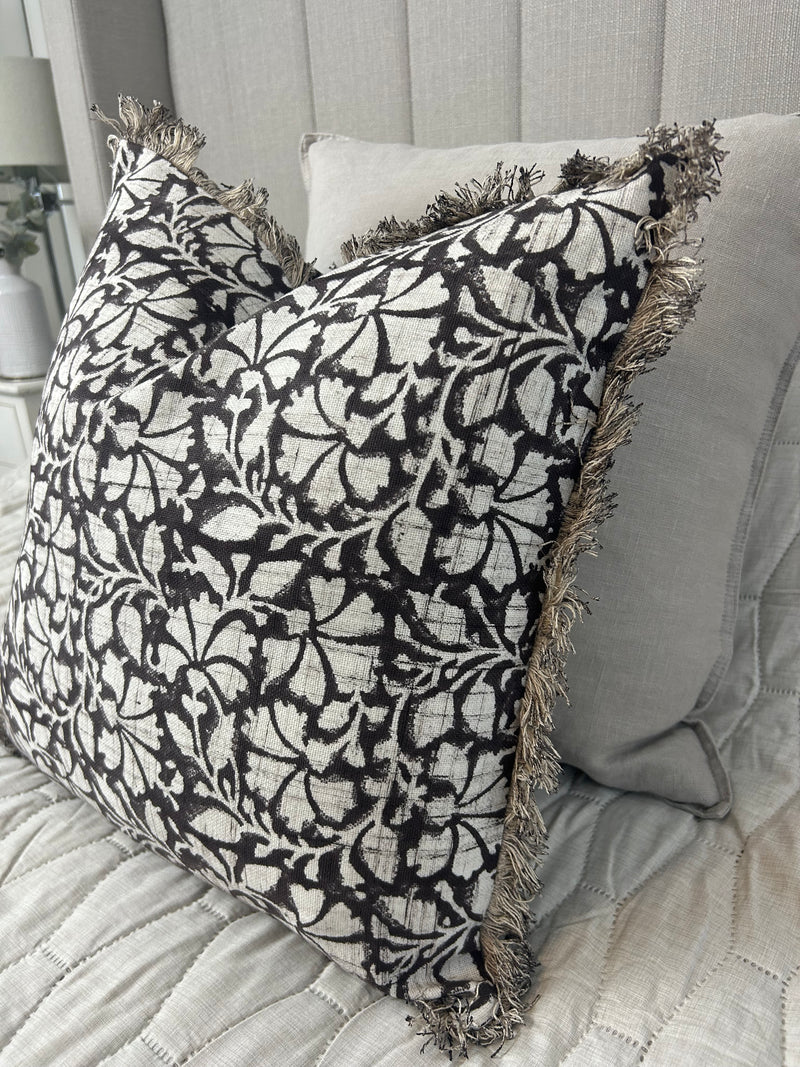 Brown print mocha stone cream print tassel edge cushion