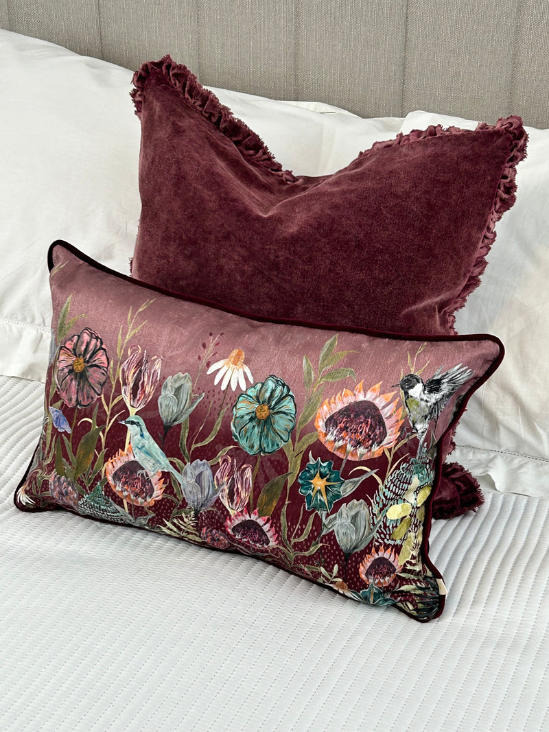 Floral & Bird Meadow Pink Rectangular Cushion 30x50cm