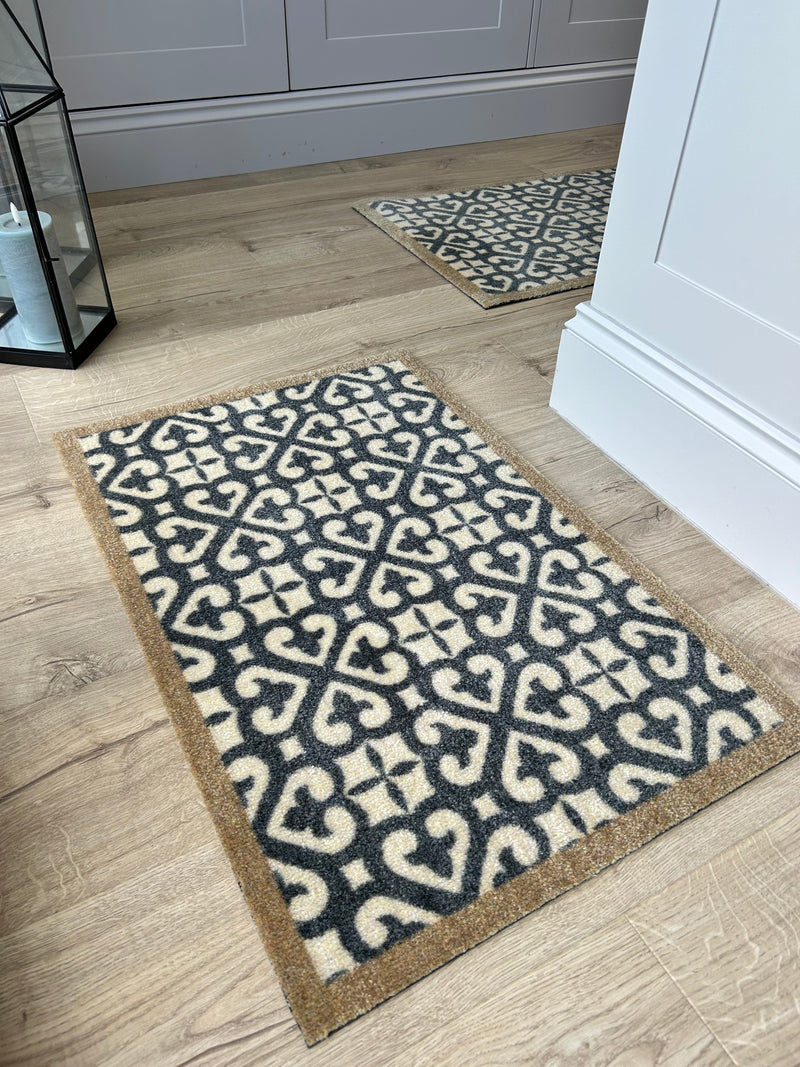 Harlequin Grey Taupe Tile Patterned Washable Door Mat & Runner rug