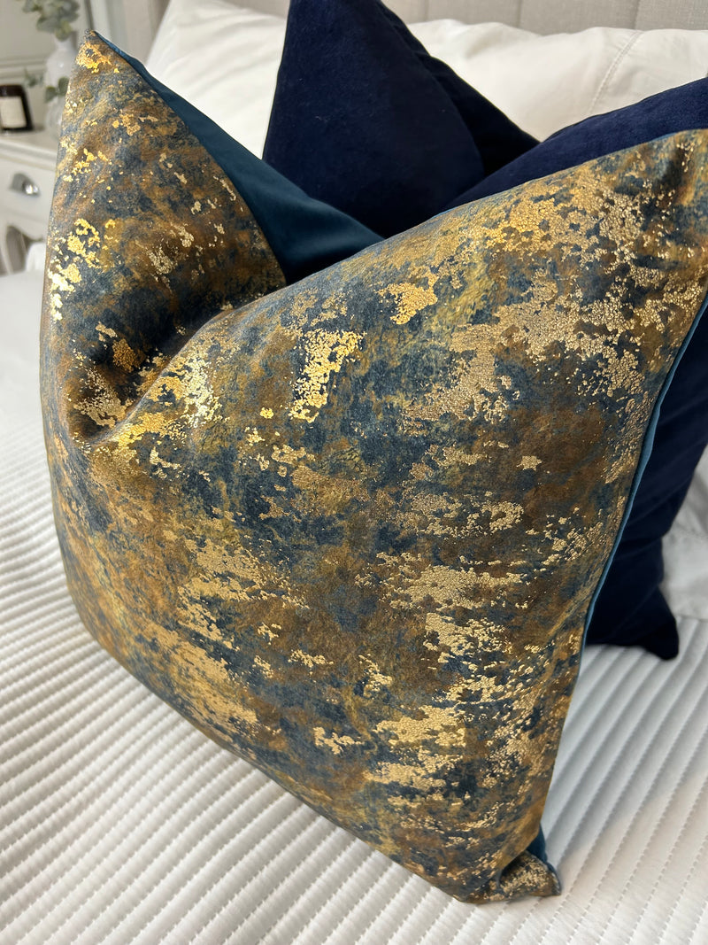 Brazen Blue gold bronze metallic textured luxury feather filled cushion